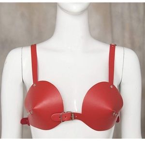 Red faux leather bondage cone rave bra